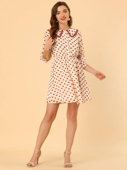 Allegra K- Stars Dots Print Ruffled 3/4 Sleeve Dress