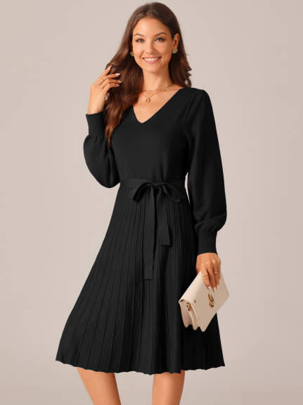 Allegra K - V-Neck Tie Waist Pleated Dress