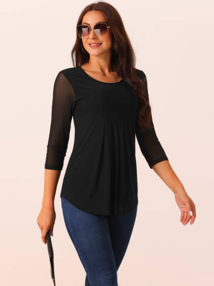 Allegra K - Crewneck 3/4 Sleeve Pleated Tunic Tops