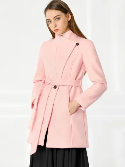 Allegra K- Classic Stand Collar Belted Long Coat