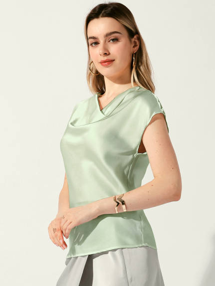 Allegra K - Cowl Neck Short Sleeve Satin Top