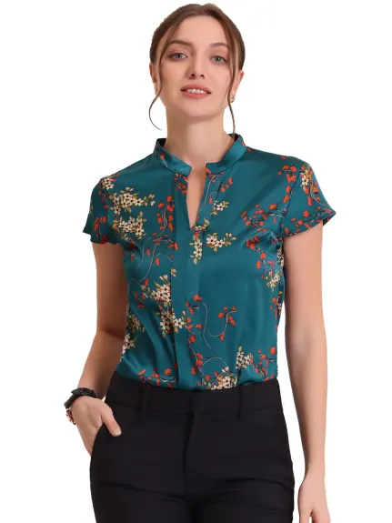 Allegra K- Satin Floral Cap Sleeve Blouse