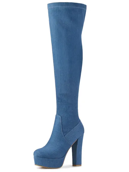 Allegra K - Platform Block Heel Over Knee High Boots