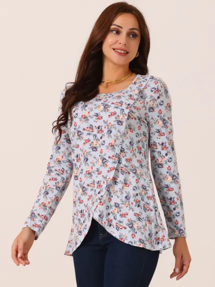 Allegra K - Asymmetrical Hem Floral Casual Top