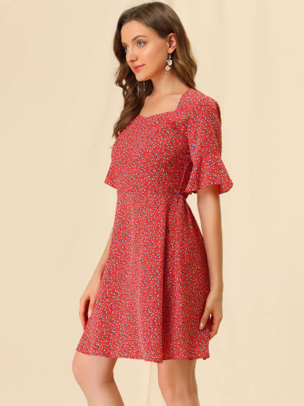 Allegra K- Smocked Waist Back Floral Dress