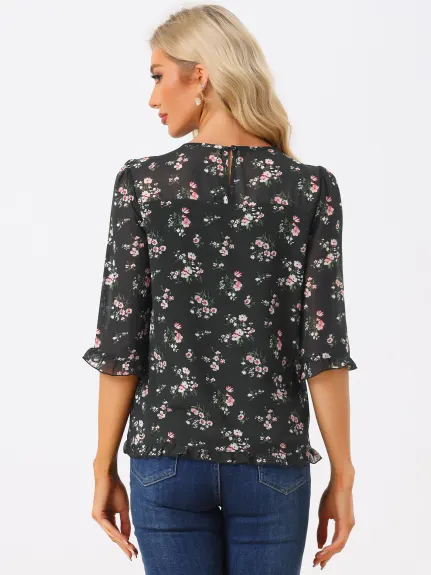 Allegra K- Floral Ruffled 3/4 Sleeve Chiffon Blouses