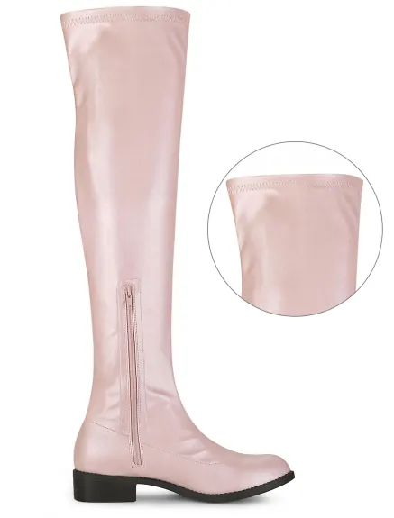 Allegra K- Low Block Heel Solid Thigh High Boots