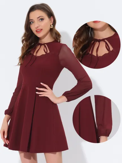 Allegra K- Tie Neck Mini-robe à manches longues en maille à volants