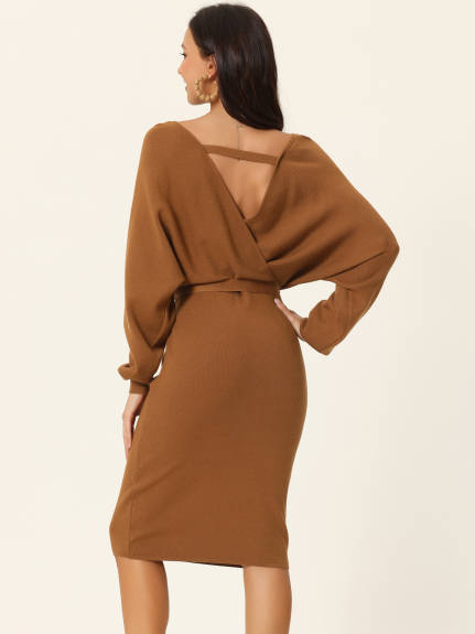 Allegra K - Deep Wrap V Neck Belted Sweater Dress