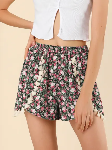 Allegra K - Casual Tassel Decor Beach Loose Floral Shorts