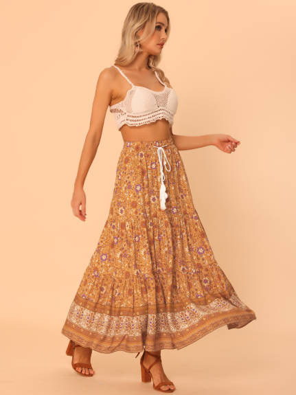 Allegra K- Boho Floral Elastic Waist Maxi Skirt