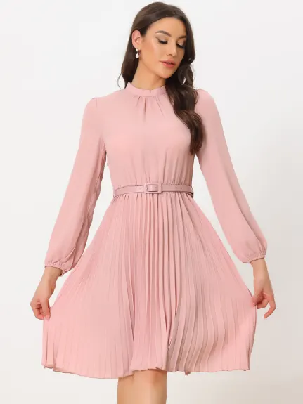 Allegra K- Elegant Long Sleeve Pleated Midi Shirt Dress