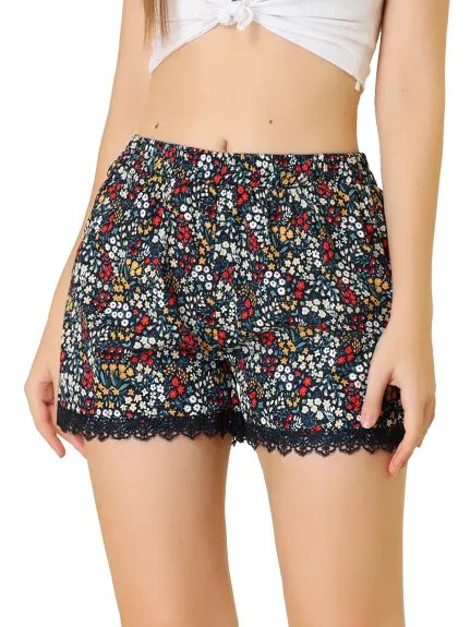 Allegra K - Elastic Waist Lace Trim Summer Floral Shorts