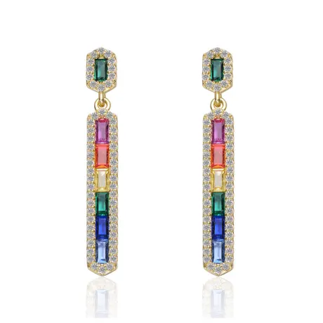 Boucles d'oreilles pendantes linéaires en argent sterling plaqué or 14 carats avec zircones cubiques multicolores Genevive