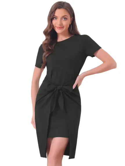 Allegra K - Tie Waist Short Sleeve Work Sheath Dress