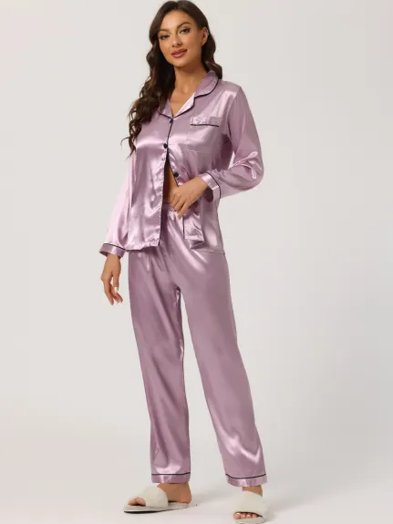 Allegra K - Ensembles de pyjama de détente boutonnés en satin