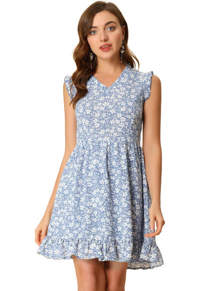 Allegra K- Floral Sleeveless A-Line Ruffle Mini Dress