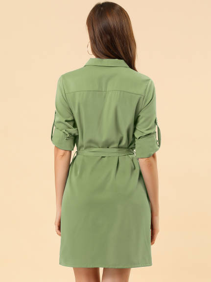 Allegra K- Roll-Up Sleeve Multi-Pocket Belted Shirt Dress