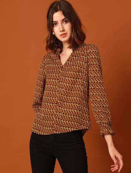 Allegra K- V Neck Geometric Print Puff Sleeve Top