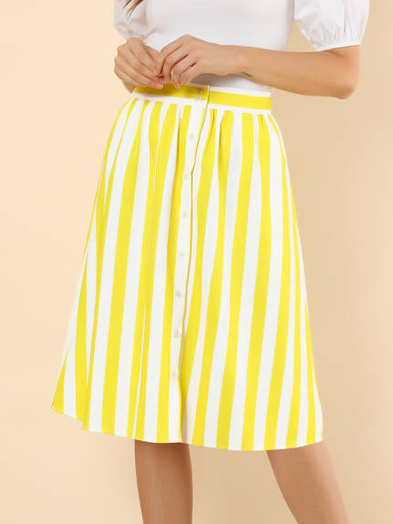 Allegra K - Button A-Line Striped Midi Skirt