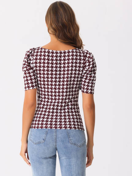 INSPIRE CHIC - Short Sleeve Houndstooth Work Blouse