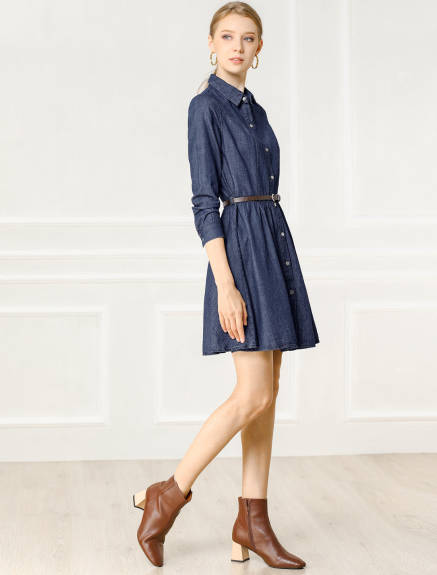 Allegra K- Long Sleeve Above Knee Denim Shirt Dress with Belt