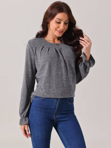 INSPIRE CHIC - Crew Neck Smocked Cuff Long Sleeve Blouse