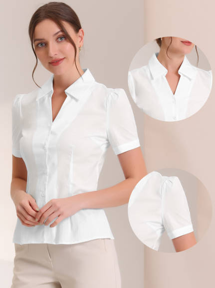 Allegra K- Split V Neck Collar Button Down Shirt