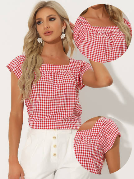 Allegra K- Square Neck Gingham Cap Sleeve Blouse