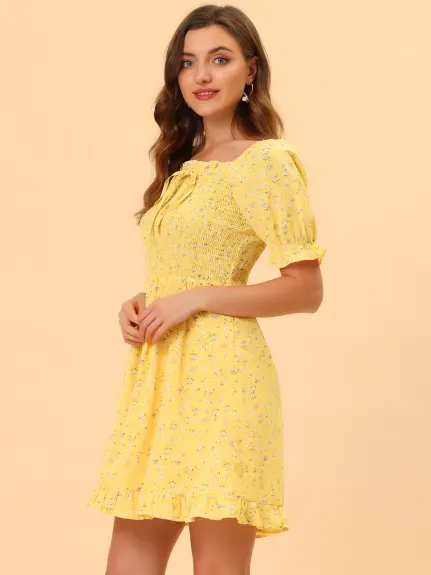 Allegra K- Puff Sleeve Square Neck Ruffled Hem Floral Smocked Dress