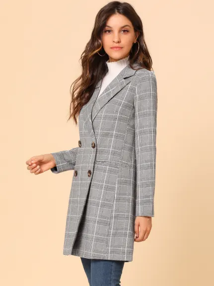 Allegra K- Notched Lapel Double Breasted Plaid Blazer