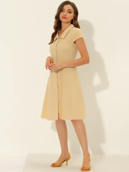 Allegra K- Cap Sleeve Cotton Collar Midi Button Down Dress