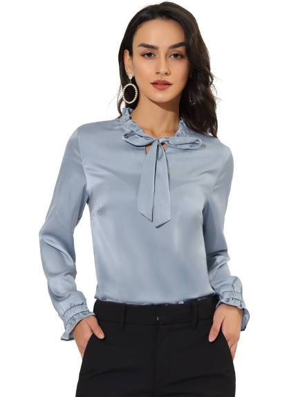 Allegra K- Satin Ruffle Tie Neck Long Sleeve Blouse