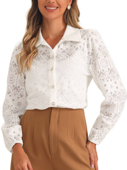 Allegra K - Elegant Eyelet Lace Puff Long Sleeve Shirt