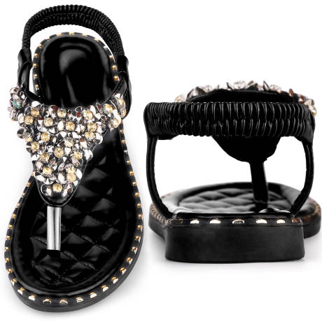 Allegra K - Rhinestone T-Strap Boho Dressy Flat Sandals