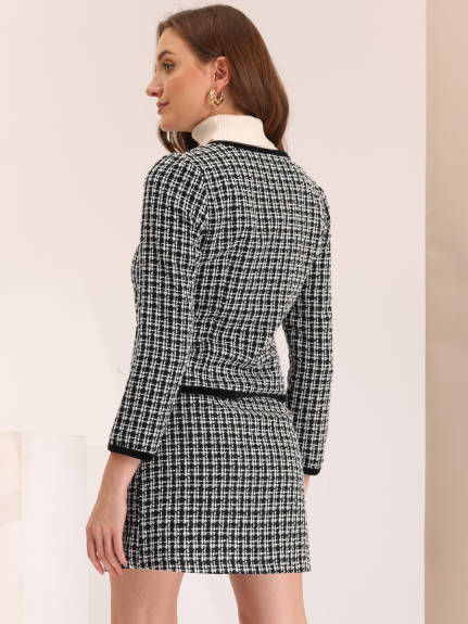 Allegra K - Plaid Tweed Short Blazer Skirt Sets