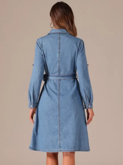 Allegra K - Robe en jean à manches longues et ceinture boutonnée