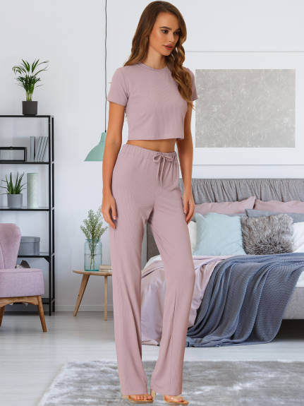 Allegra K- 2 Piece Short Sleeve Crop Top High Waist Wide Leg Pant Tracksuit Set