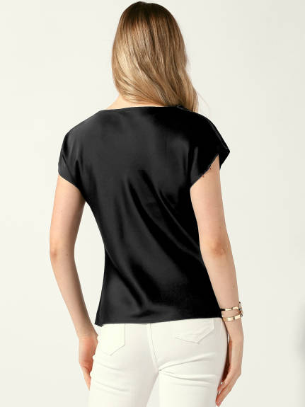 Allegra K - Cowl Neck Short Sleeve Satin Top