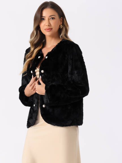 Allegra K - Pearl Button Faux Fur Coat Jacket