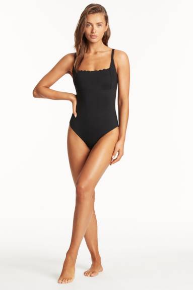 Sea Level Swim  Scallop Square Neck Bralette One Piece Swimsuit