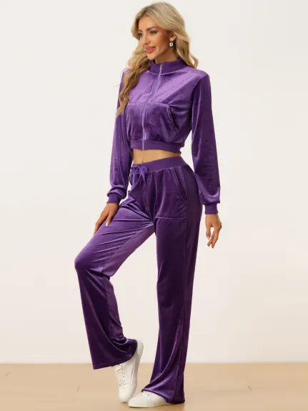 Allegra K - Velvet Crop Jacket Sweatpants Tracksuit