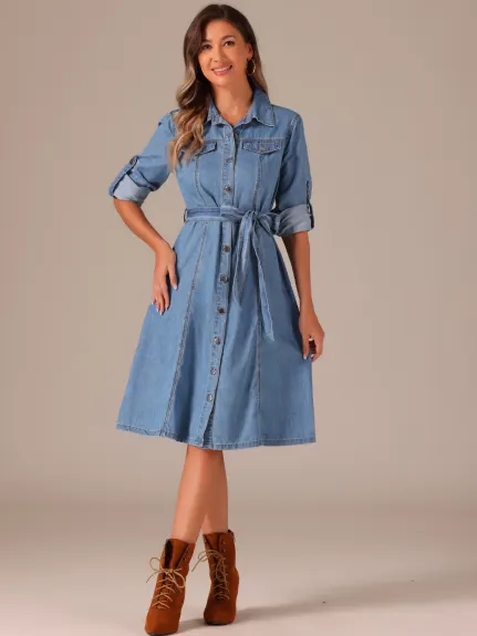 Allegra K - Robe en jean à manches longues et ceinture boutonnée