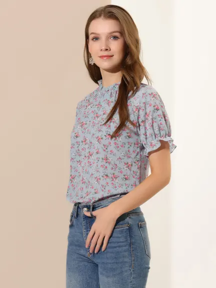 Allegra K- Floral Short Sleeve Ruffle Neck Blouse