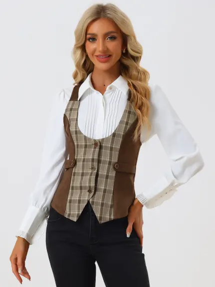 Allegra K- Plaid Button Down Panel Vests