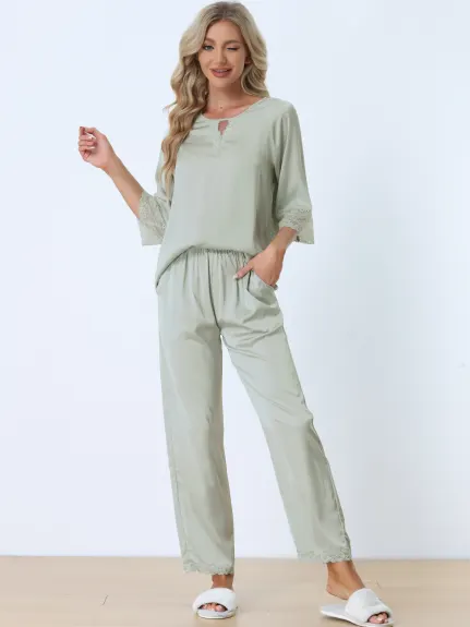 cheibear - Lace 3/4 Sleeves Lounge with Pants Pajama Set