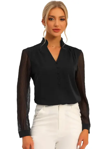 Allegra K - V Neck Sheer Long Sleeve Work Shirt