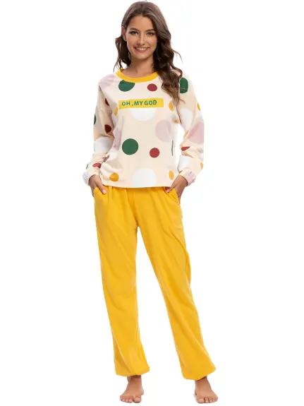 cheibear - Long Sleeve Printed Top and Pants Pajama Set