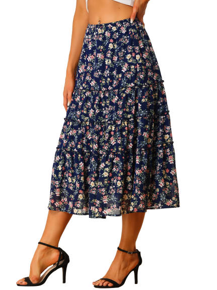 Allegra K- Floral Tiered A-Line Long Chiffon Skirt