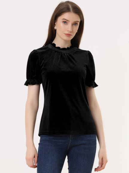 Allegra K- Ruffle Collar Short Sleeve Velvet Blouse